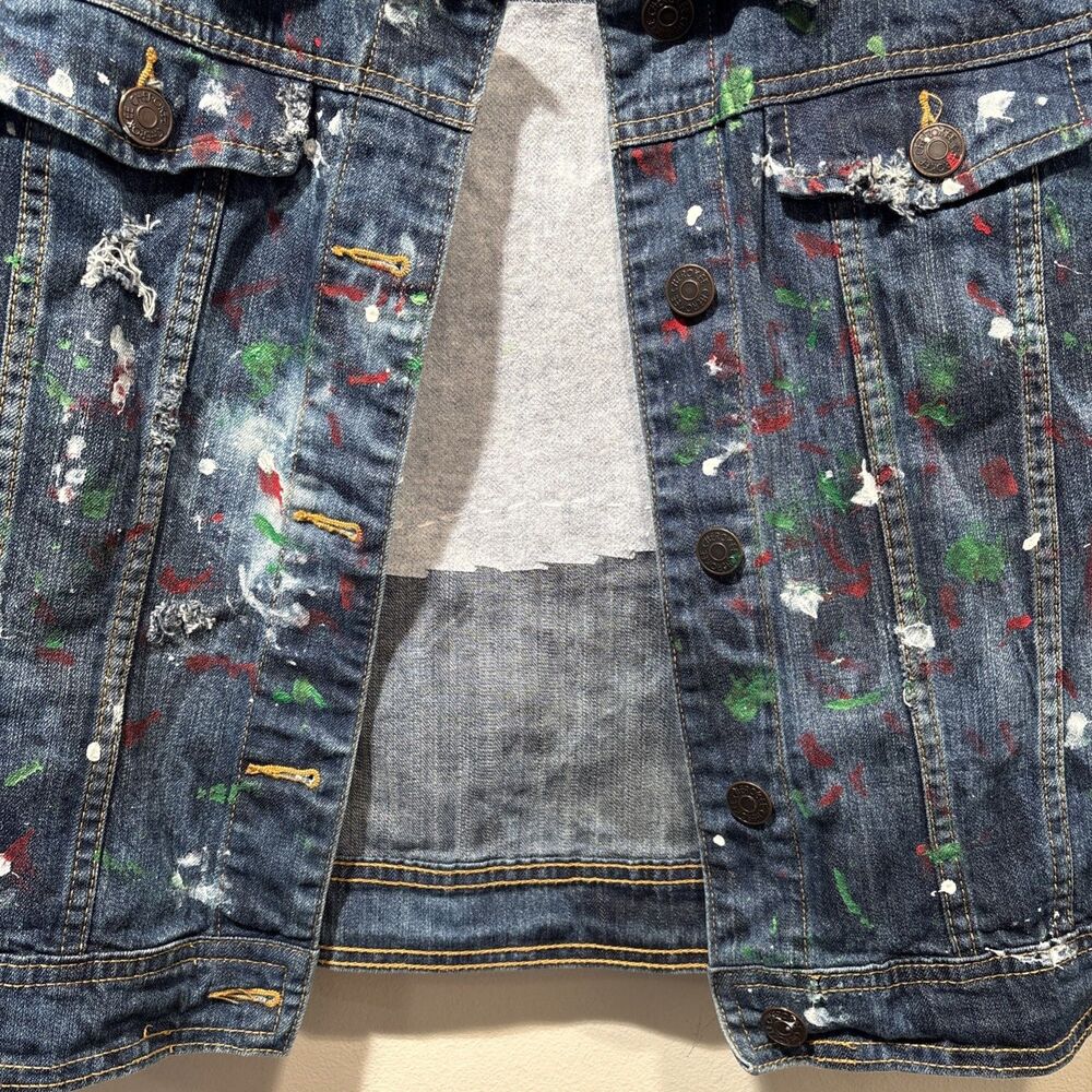 Jean Jacket Hand Painted Embellished Miami Cityscape Pocket One of A Kind - Picture 14 of 16